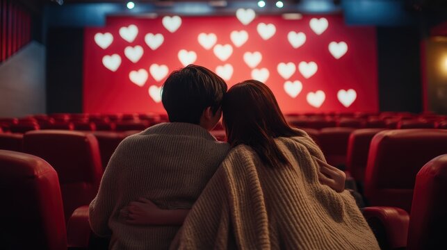 Young romantic loving couple kissing on the red chair in Cinema, relationships and lifestyle concept,bokeh pink heart in cinema,romantic spending time together,Relaxation movie concept.