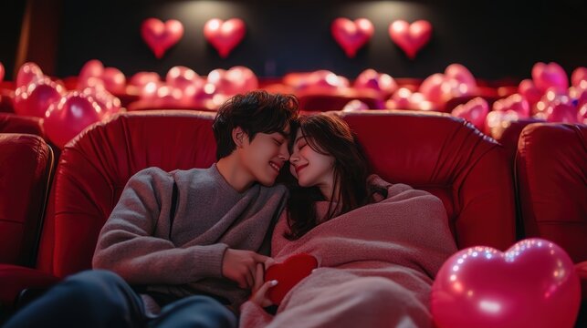 Young romantic loving couple kissing on the red chair in Cinema, relationships and lifestyle concept,bokeh pink heart in cinema,romantic spending time together,Relaxation movie concept.