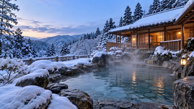 Snow-covered Japanese outdoor hot spring beside traditional ryokan at winter dawn