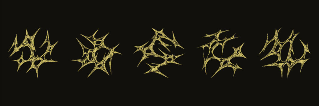 Grunge chrome yellow tribal shape asset pack. Stipple vector golden element with grain and dirty scratch for cover, sticker and template