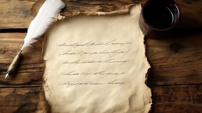inkwell. Aged parchment with elegant calligraphy, quill and inkwell on wooden desk. event programs, museum guides, designed for cultural heritage projects and event programs, used by brand managers.