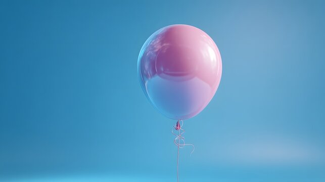 Single glossy pink balloon with string floating centered against clear blue studio backdrop.