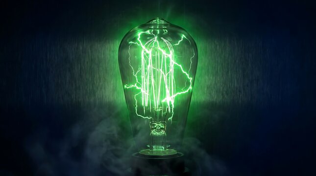 Vintage light bulb with glowing green electric plasma lightning inside on a dark background