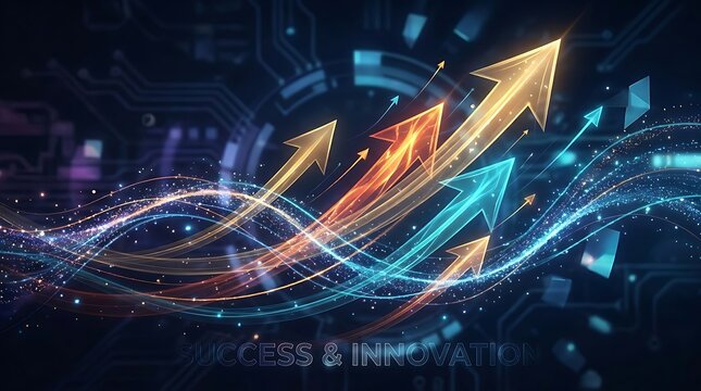 Abstract digital background with glowing colorful arrows pointing up to represent business growth and success