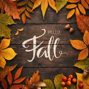 Hello Fall Handwritten Typography Over Dark Wooden Background With Autumn Leaves And Acorns