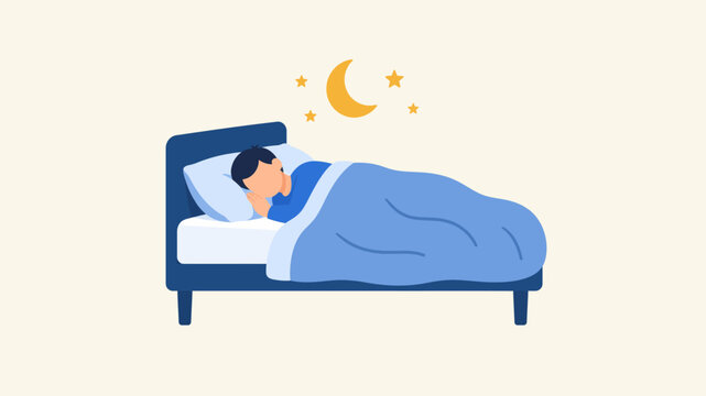 Vector illustration of a young man sleeping peacefully in bed under a cozy blue blanket at night with moon and stars