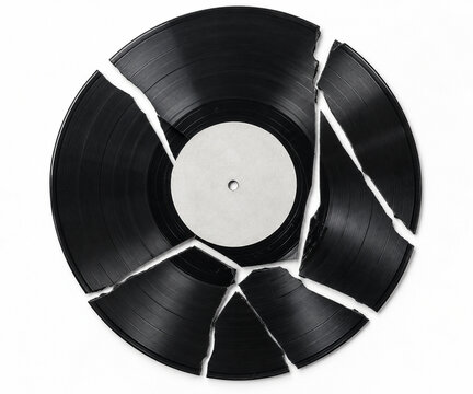 Broken Black Vinyl Record Shattered into Pieces with Blank White Label Isolated on White Background