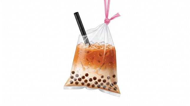 Iced milk tea with boba pearls in hanging plastic bag. Realistic vector illustration of cold iced milk tea with boba tapioca pearls served in a traditional clear plastic bag tied with  raffia string.