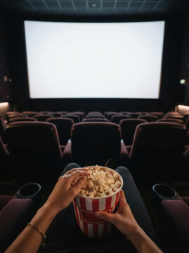 POV view of person holding popcorn in dark empty movie theater in front of blank white screen