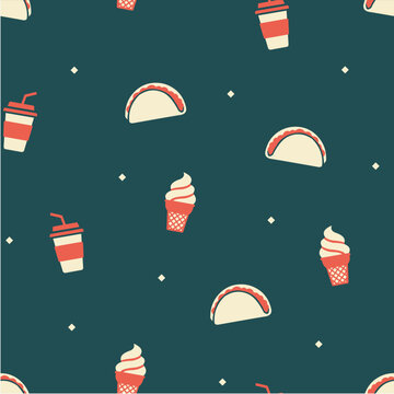ice cream cone soda cup and taco seamless pattern on dark teal background