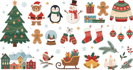 Fototapeta premium Festive christmas illustrations with trees gifts and winter scenes on white background