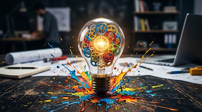 Light bulb with colorful gears and paint splashes on a dark desk in a modern creative office workspace