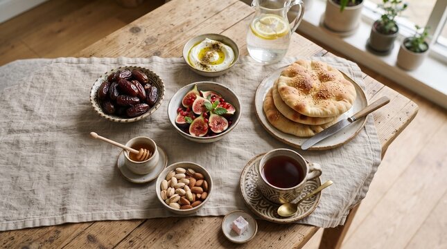 morning meal middle eastern cuisine arabic spread ramadan feast iftar suhoor dates medjool dates figs fresh figs pomegranate labneh yogurt dip olive oil zaatar pita bread flatbread