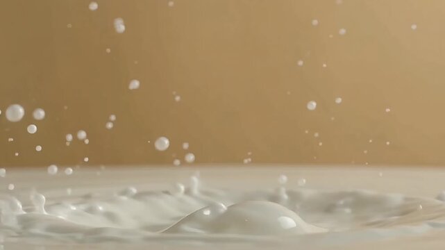 Milk splash crowns and creates flying droplets in slow motion macro video footage capturing white dairy liquid pouring into surface with beige background