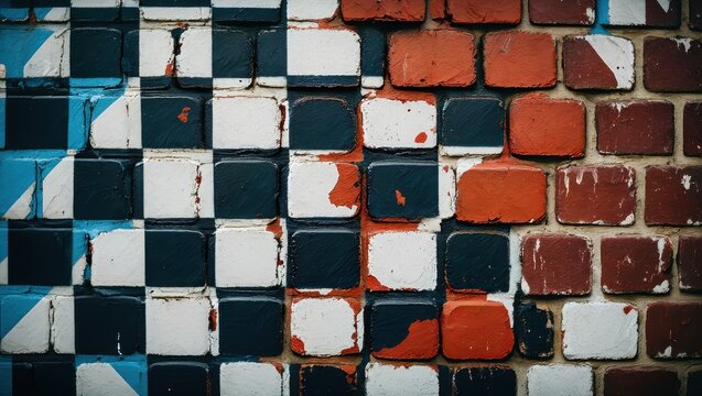 Abstract Painted Brick Wall With Blue White and red Squares