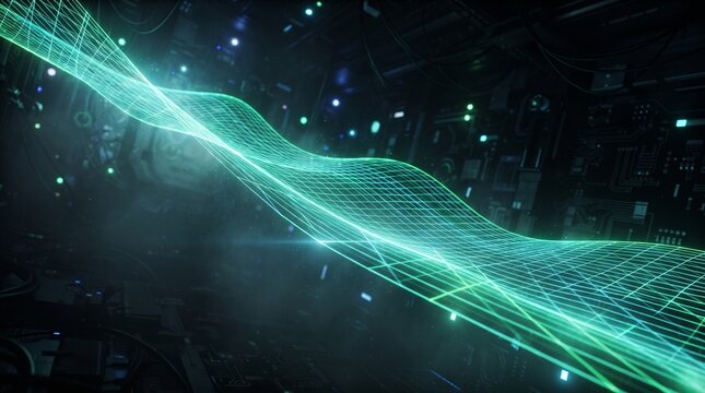 cyberpunk background digital grid futuristic technology sci-fi interior data stream neon green lines virtual reality cyberspace tunnel quantum computing high tech abstract