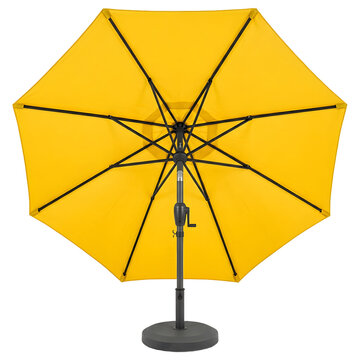 Large yellow patio umbrella with black metal frame and base, viewed from underneath and isolated on a transparent background for outdoor garden, terrace, and sunshade furniture design.