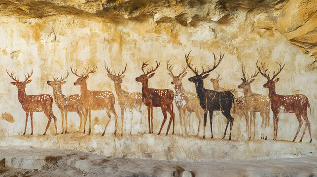 Prehistoric cave painting depicting a herd of spotted deer standing in a row on an ancient stone wall surface.