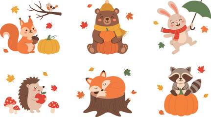 Obraz premium Adorable fall season forest wildlife illustration collection with friendly baby animals celebrating thanksgiving, wearing warm scarves, holding pumpkins isolated on white.