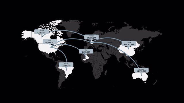 Solid world map featuring country data labels and animated connection arcs over black. Suitable for trade route graphics, international reports, and documentary visuals.