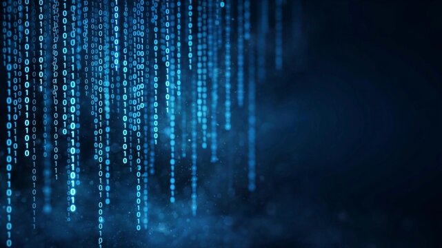 Blue binary rain abstract background with copy space