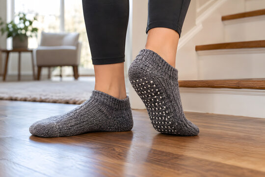 Feet wearing textured grip socks on a wooden floor at home