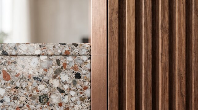 terrazzo countertop wood paneling fluted wood slatted wood copper trim metal accent modern interior interior design kitchen design bathroom design solid surface stone composite