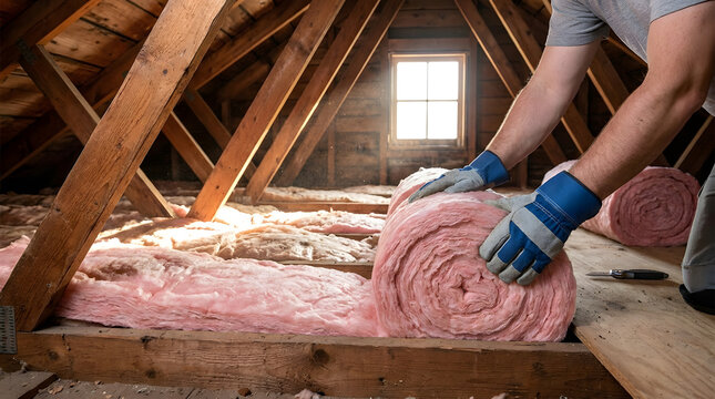 Installer Laying Pink Fiberglass Insulation Roll In Attic Loft | Worker Installing Thermal Attic Loft Insulation Batts With Gloves | Home Energy Efficiency Attic Insulation Installation