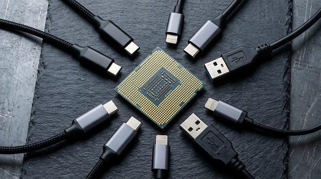 Computer processor chip surrounded by multiple black USB charging cables on a dark grey textured stone surface