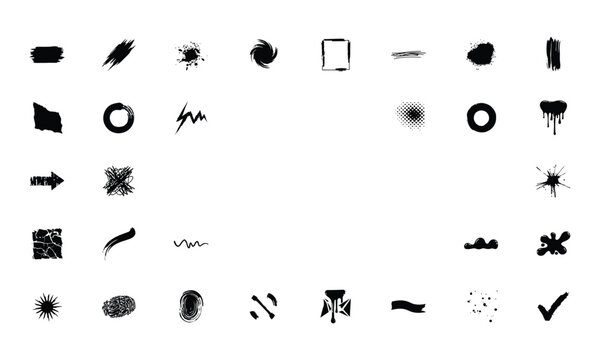 Assortment of black ink brush strokes and abstract symbols on a white canvas