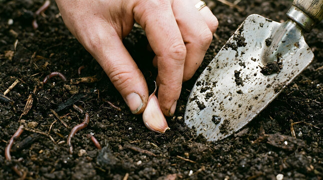 Gardener Hand Planting Fresh Garlic Clove In Organic Soil | Planting Garlic Clove In Backyard Garden Bed With Trowel | Organic Gardening Hand Setting Garlic Clove Into Soil