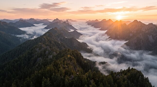 landscape nature scenery alpine highland peaks summits hills valley canyon ravine fog foggy mist misty clouds cloudscape inversion sea clouds morning dawn daybreak sunlight