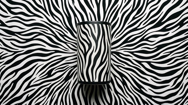 Black and white zebra print pattern with a cylindrical tube object in the center with matching animal skin texture