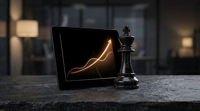 Black chess king piece standing next to a tablet showing a glowing financial growth chart on a dark office desk