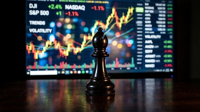 Black chess bishop piece standing in front of a digital financial stock market graph on a computer screen