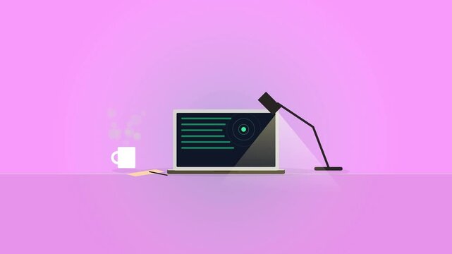 Minimalist Flat Design Workspace Illustration with Laptop and Lamp