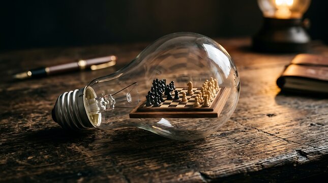 Small chess set inside a glass light bulb on a dark wooden table with warm lighting