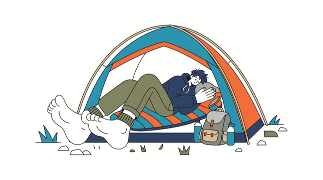 A young man resting inside a colorful camping tent during an outdoor adventure trip.