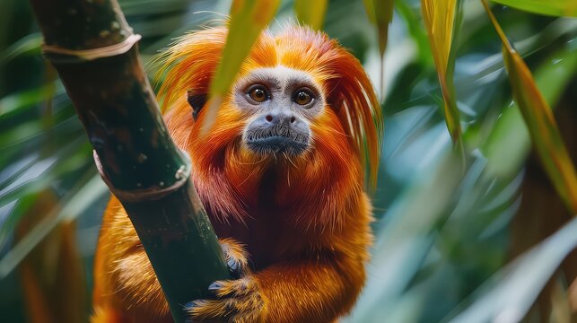 Golden-headed lion tamarin, Leontopithecus chrysomelas, Baha in Brazil. Cute red orange monkey in the nature tropic forest habitat