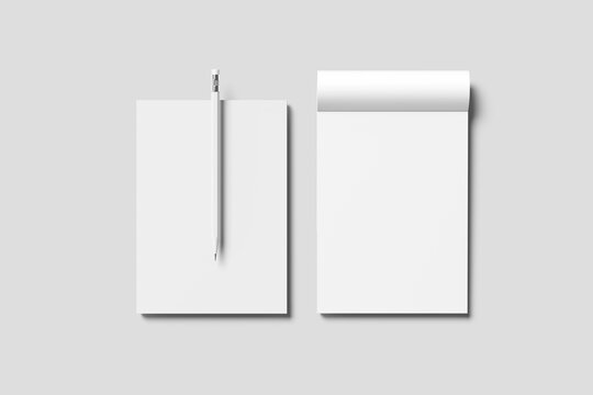 Blank notebook mockup with a white pencil on a gray background 3d rendered