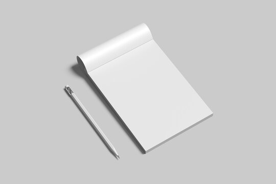 Blank notebook mockup with a white pencil on a gray background 3d rendered