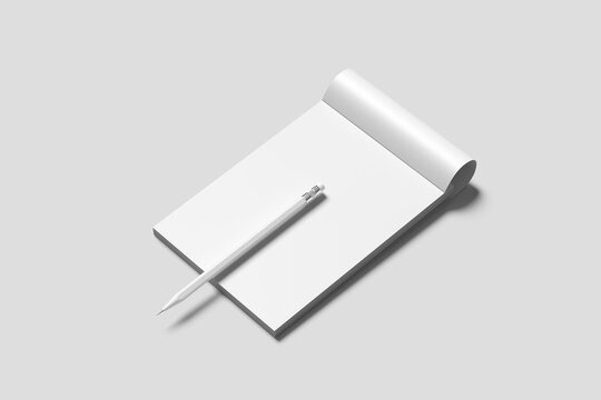 Blank notebook mockup with a white pencil on a gray background 3d rendered