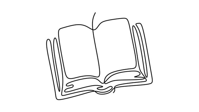 Continuous line animation of open book, blank pages, reading and education concept