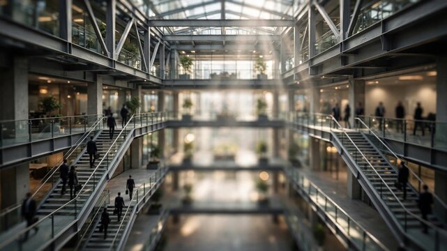 Blurred business atrium tiltshift background with copy space