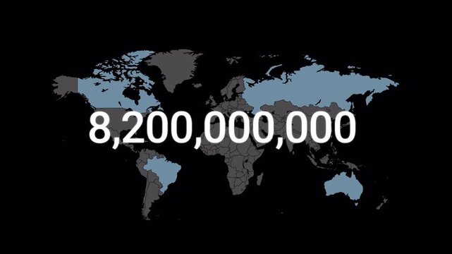 World map with giant rolling population counter climbing to eight billion on black background. Ideal for demographic videos, census reports, and news graphics.