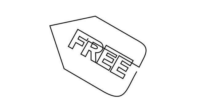 Continuous line animation of tag with word free inside, price label, sale and promotion concept