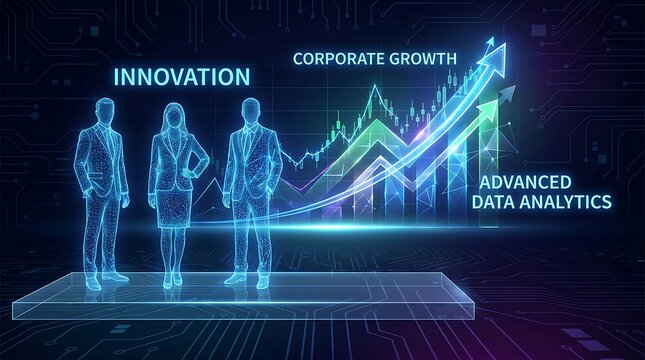 Business team with financial growth chart and data analytics hologram for corporate innovation and professional success