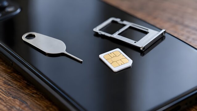 A SIM card, a SIM ejector tool, and a SIM tray resting on the back of a black smartphone. 