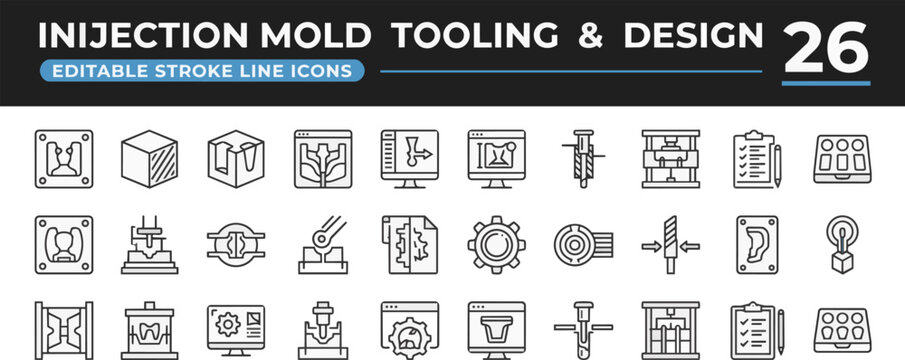 Set of twenty six injection mold tooling with line icons on transparent background Editable Stroke.