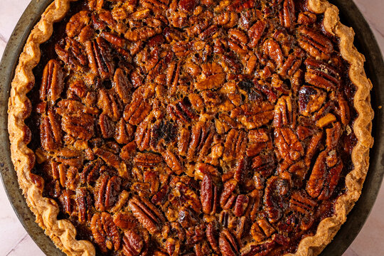 Closeup of a whole pecan pie 